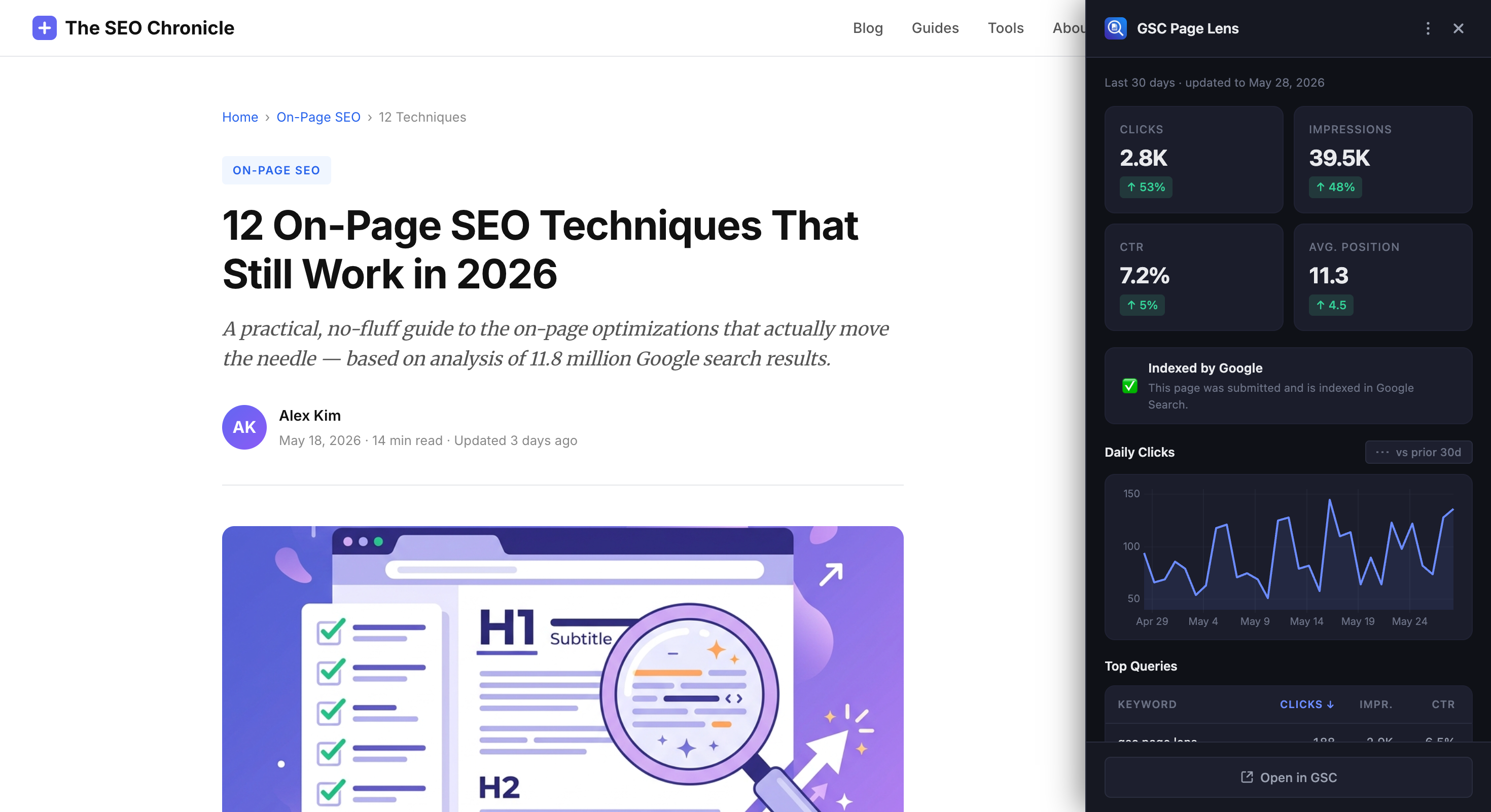 GSC Page Lens sidebar showing clicks, impressions, CTR, and top queries for a blog post